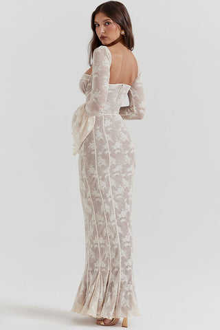 Vintage Fliege Plissee Floral Spitze Fischschwanz Abend Maxikleid - Creme
