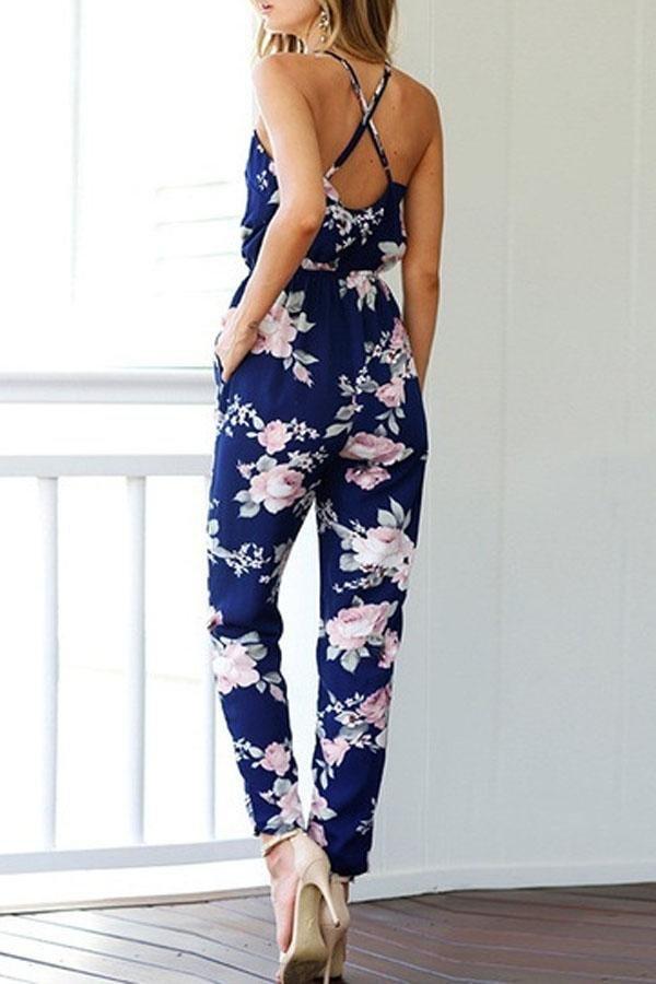 Vintage Deep V-neck Floral Jumpsuit