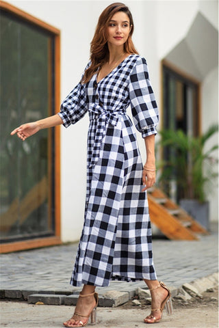 Vintage Plaid Wrap Knot Mid Dress