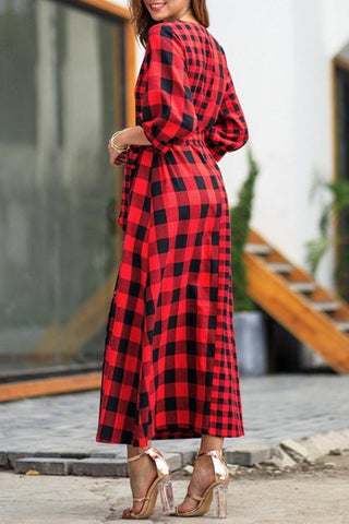 Vintage Plaid Wrap Knot Mid Dress