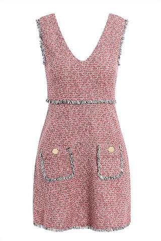 Vintage Tweed Sleeveless V Neck Tassel Dress