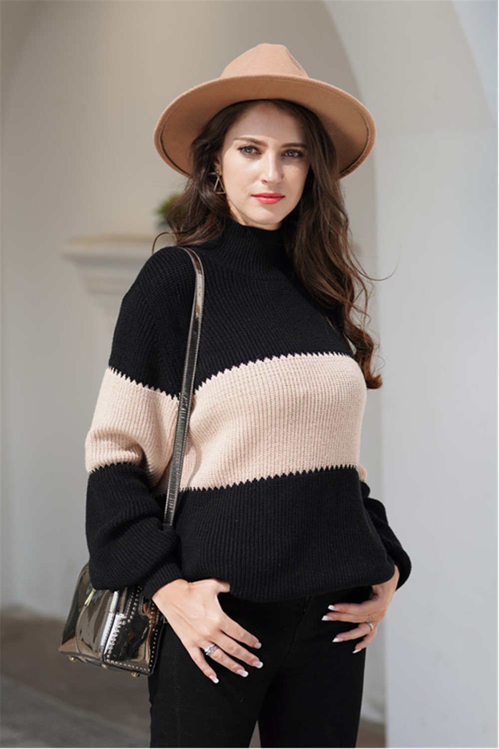 Wide Stripe High Collar Loose Pullover
