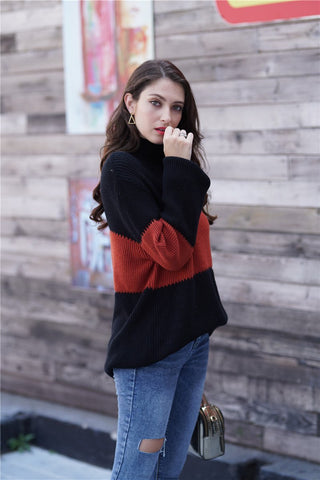 Wide Stripe High Collar Loose Pullover - Khaki