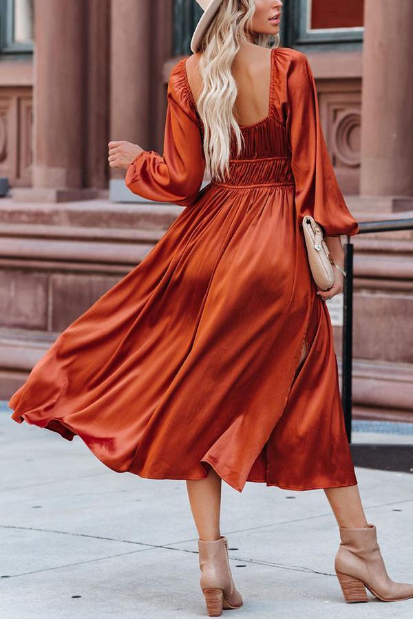 Satin Pocket Drawstring Long Sleeve Midi Dress