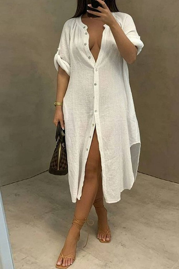 Solid Color Round Neck Button Up Dress