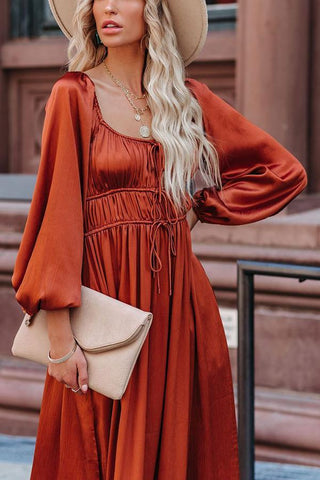 Satin Pocket Drawstring Long Sleeve Midi Dress