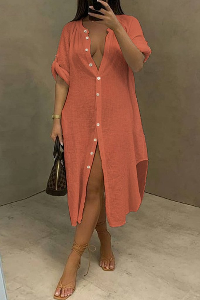 Solid Color Round Neck Button Up Dress