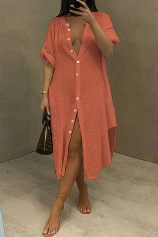 Solid Color Round Neck Button Up Dress