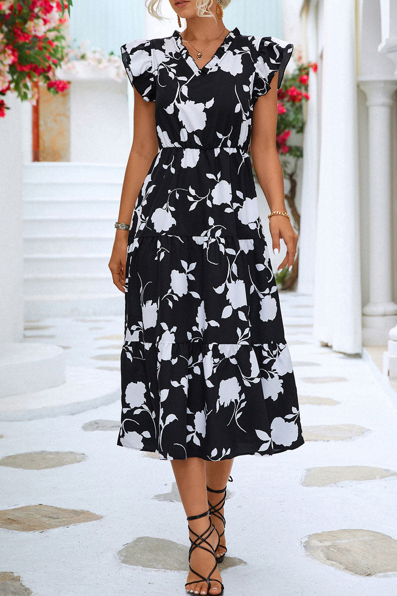 Floral V Neck Beach Ruffle Sleeve Midi Dress