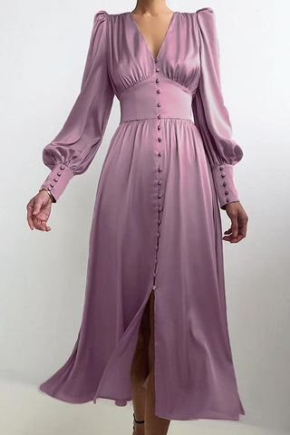 Satin Button Puff Long Sleeve Dress