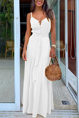 Button Belted Slip Maxi Dress