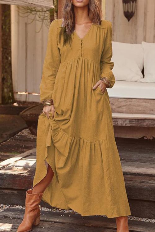 Pockets V Neck Long Sleeeve Maxi Dress