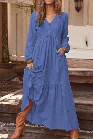 Pockets V Neck Long Sleeeve Maxi Dress