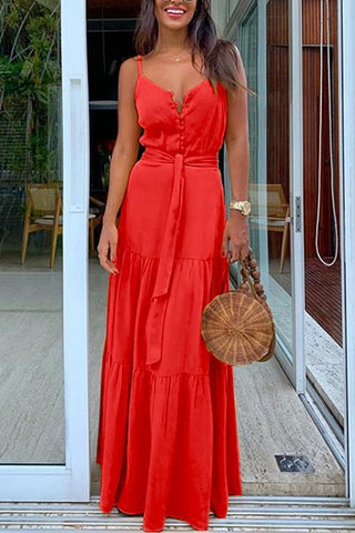 Button Belted Slip Maxi Dress