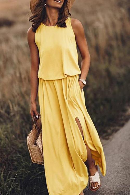 Pockets O Neck Sleeveless Slit Maxi Dress