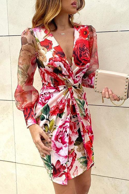 Print Knot Long Sleeve Mini Dress