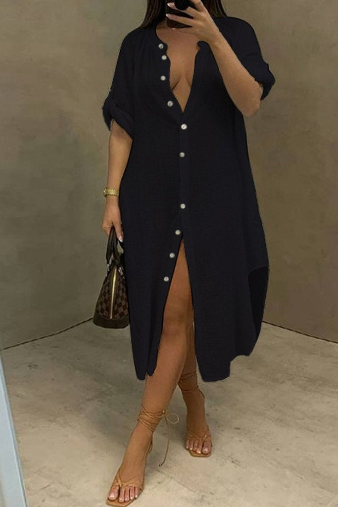 Solid Color Round Neck Button Up Dress