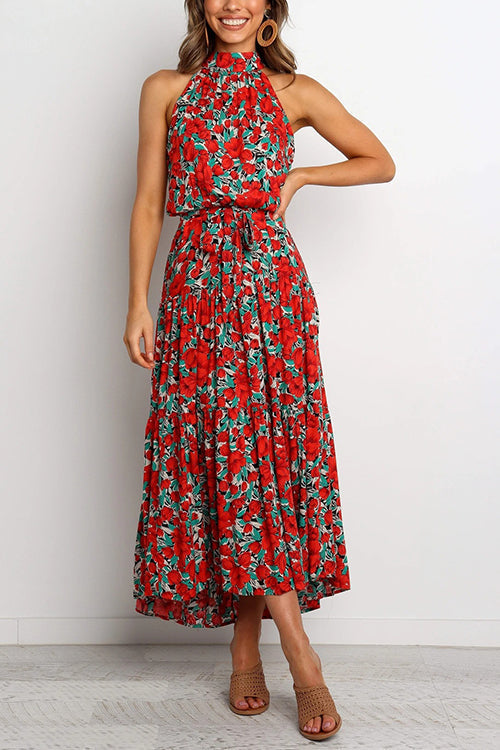 Print Belted Sleevelss Maxi Dress