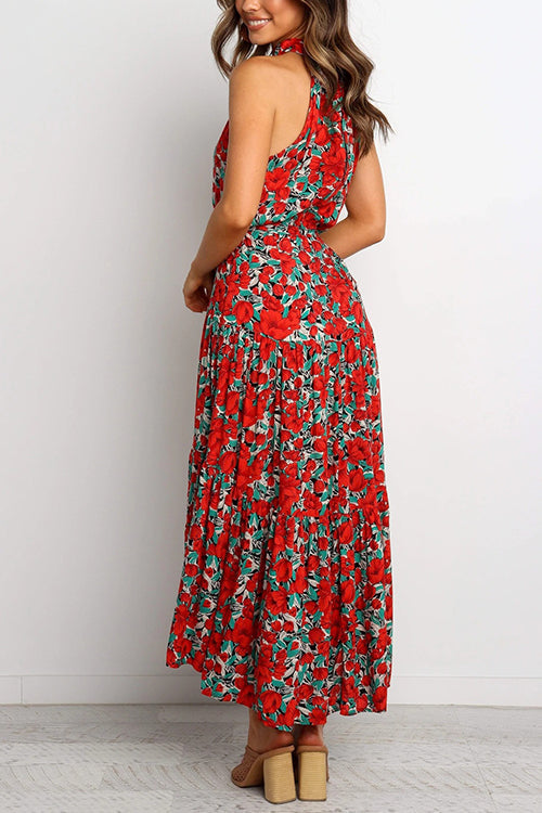 Print Belted Sleevelss Maxi Dress