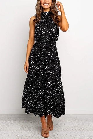 Print Belted Sleevelss Maxi Dress