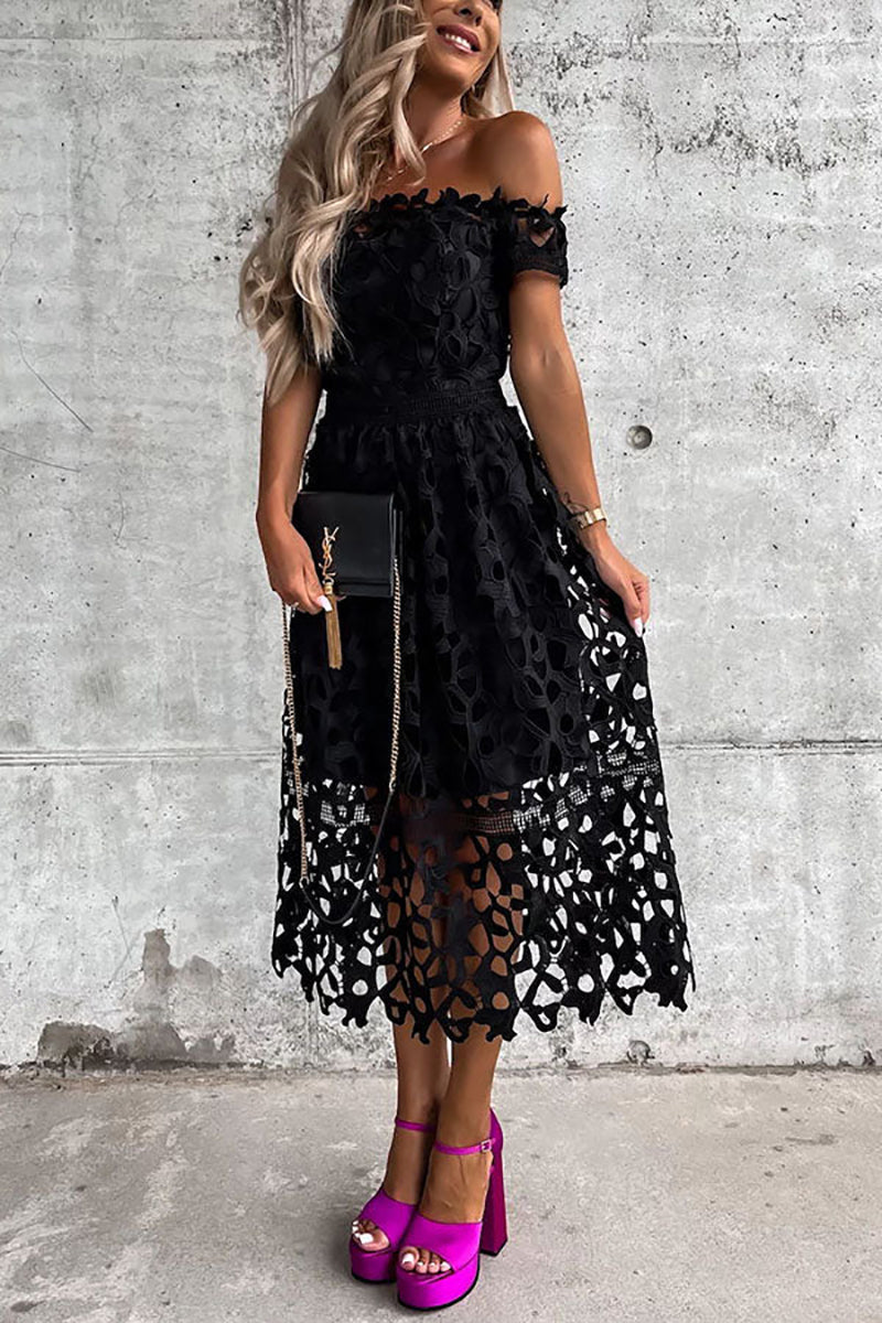 Off Shoulder Crochet Lace Prom Dress