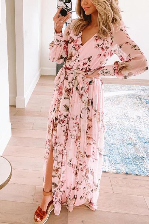 Button Puff Sleeve Belted Maxi Dress