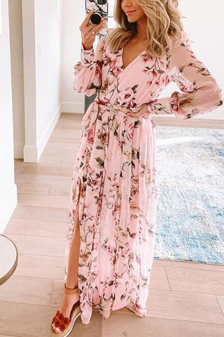 Button Puff Sleeve Belted Maxi Dress