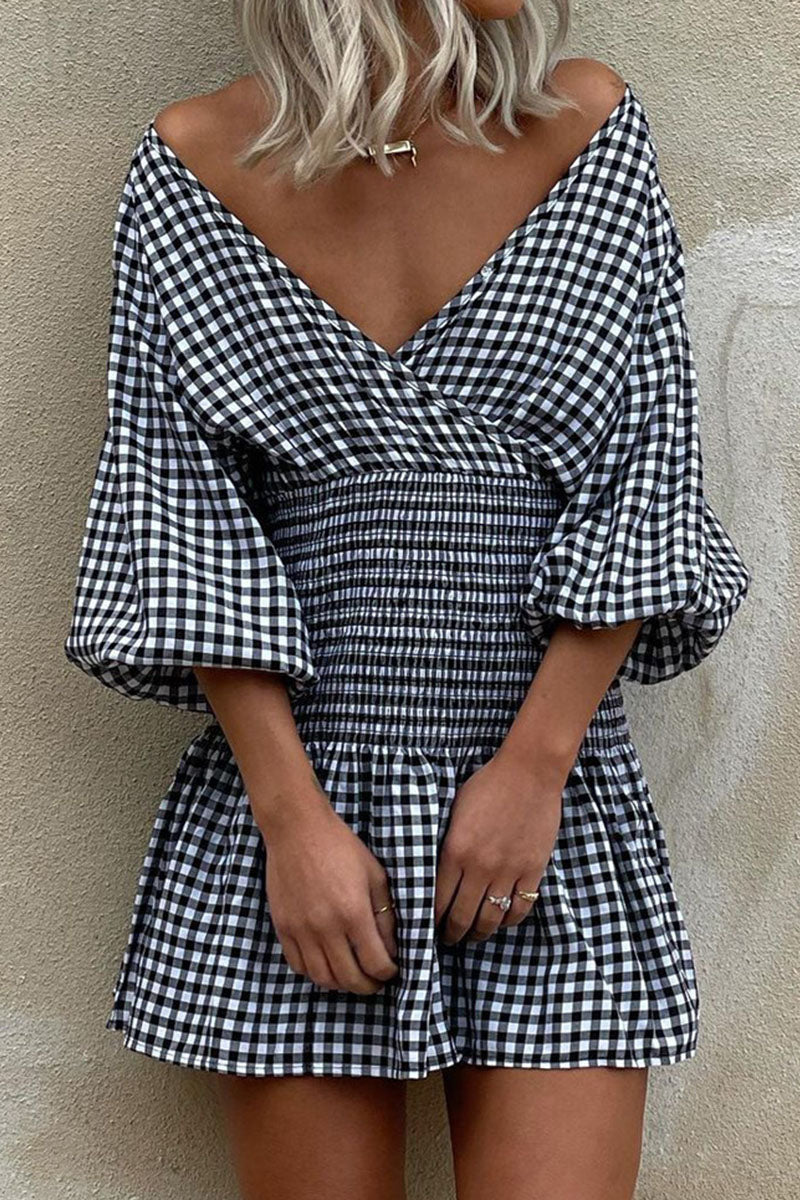 Street Plaid Split Joint V Neck Waist Skirt Dresses