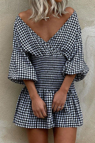 Street Plaid Split Joint V Neck Waist Skirt Dresses