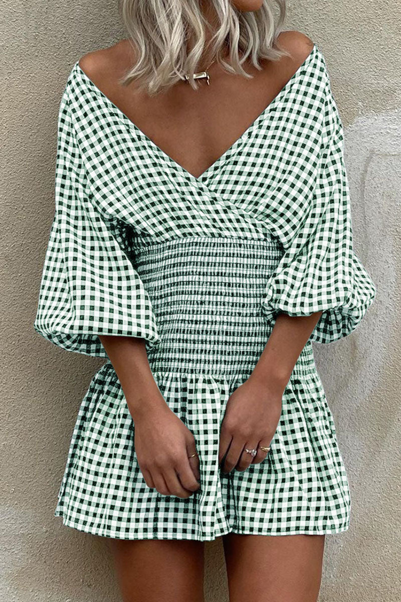 Street Plaid Split Joint V Neck Waist Skirt Dresses