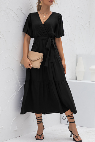 Elegant Solid Split Joint With Belt V Neck Cake Skirt Dresses(4 colors)