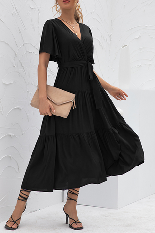 Elegant Solid Split Joint With Belt V Neck Cake Skirt Dresses(4 colors)