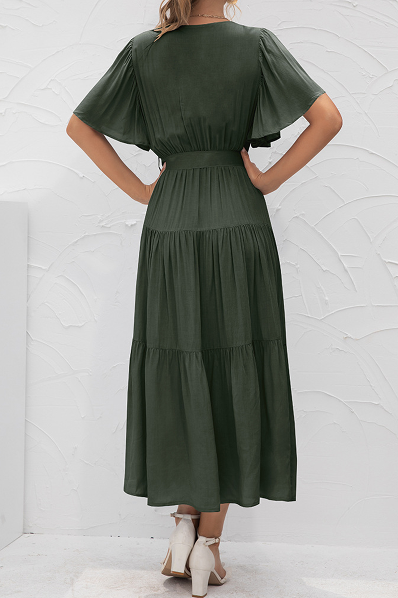 Elegant Solid Split Joint With Belt V Neck Cake Skirt Dresses(4 colors)