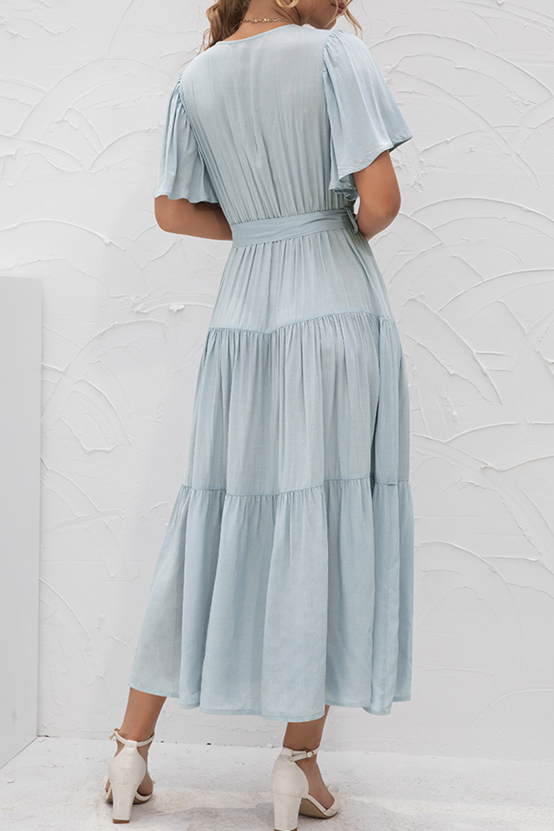 Elegant Solid Split Joint With Belt V Neck Cake Skirt Dresses(4 colors)