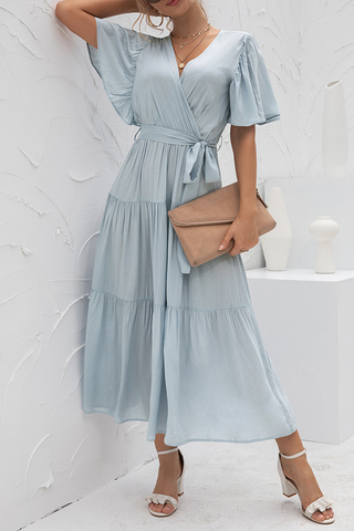 Elegant Solid Split Joint With Belt V Neck Cake Skirt Dresses(4 colors)