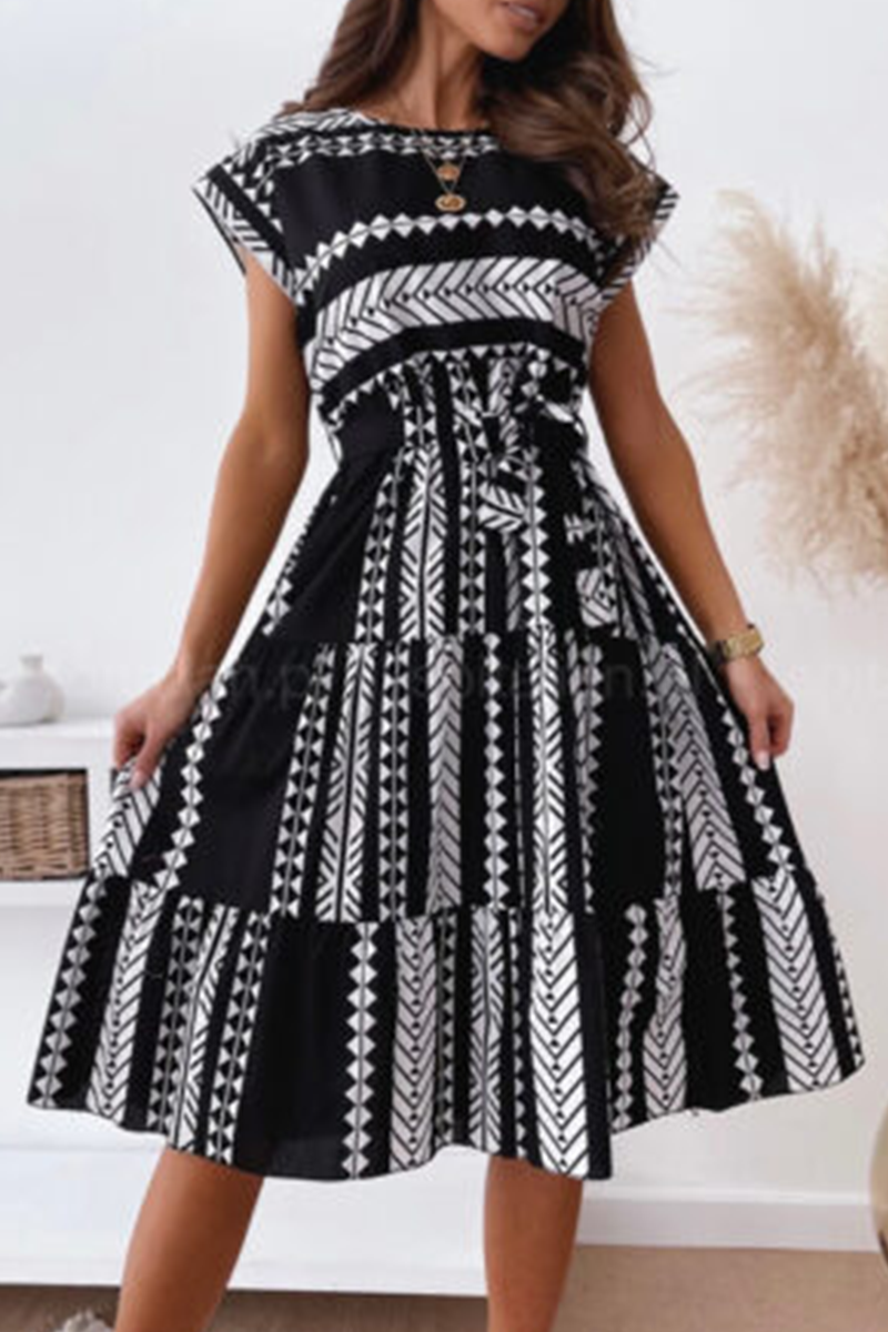 Elegant Print Strap Design O Neck A Line Dresses