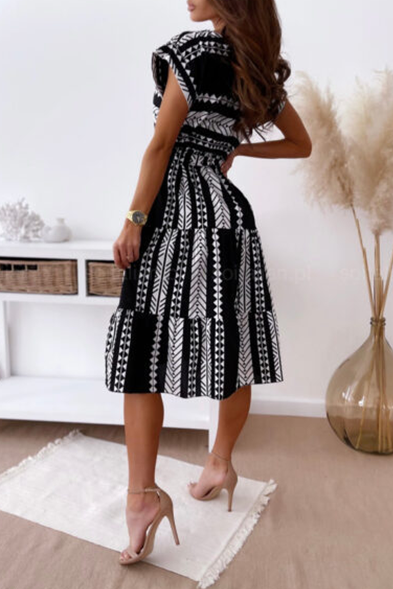 Elegant Print Strap Design O Neck A Line Dresses