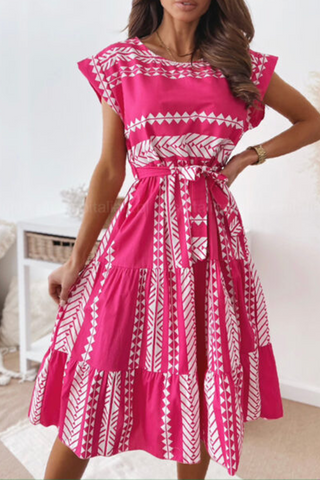 Elegant Print Strap Design O Neck A Line Dresses