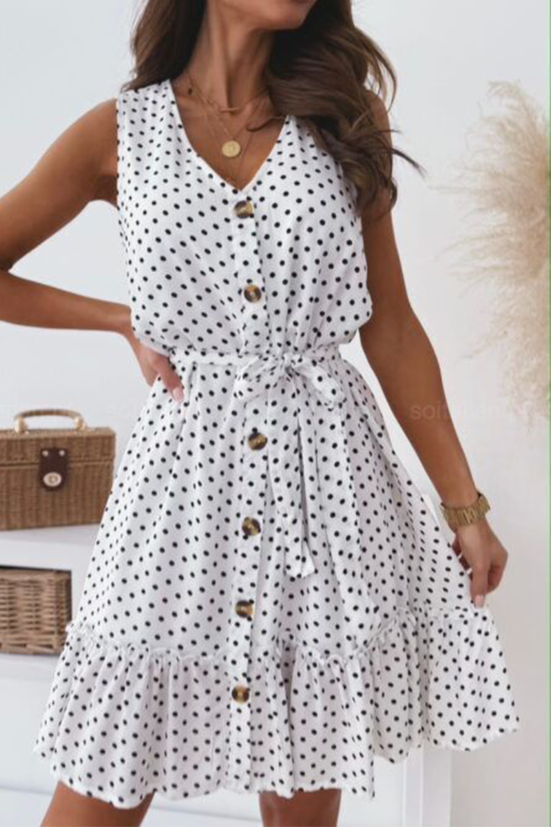 Elegant Dot Buckle With Belt V Neck A Line Dresses