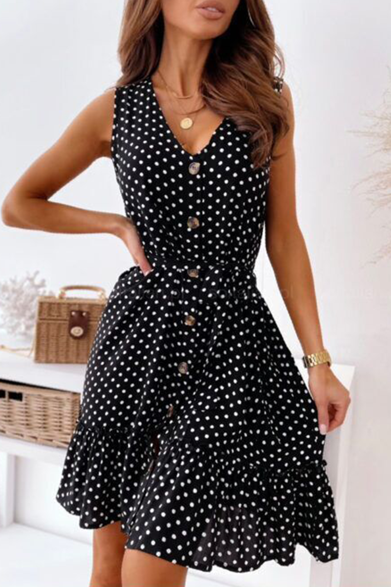 Elegant Dot Buckle With Belt V Neck A Line Dresses