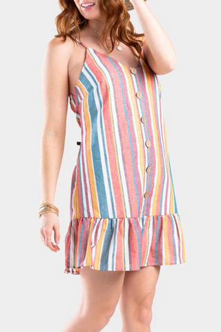 Casual Striped Buckle Flounce V Neck A Line Dresses