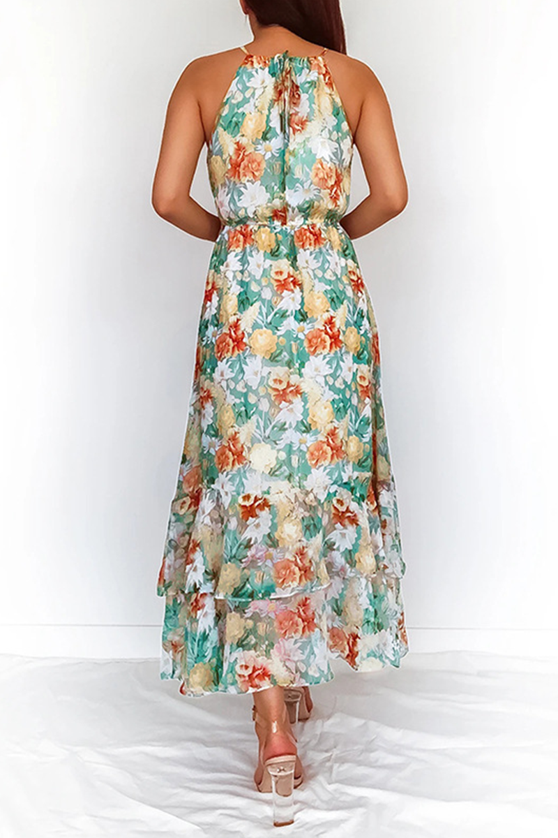 Elegant Floral Patchwork Halter Waist Skirt Dresses