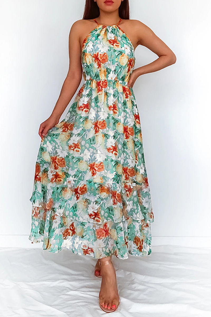 Elegant Floral Patchwork Halter Waist Skirt Dresses