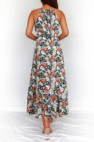 Elegant Floral Patchwork Halter Waist Skirt Dresses