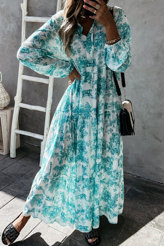 Floral V Neck Long Sleeve Maxi Dress