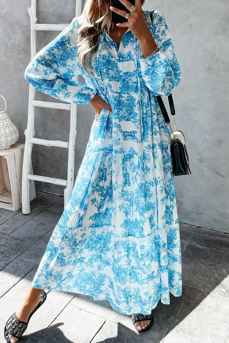 Floral V Neck Long Sleeve Maxi Dress