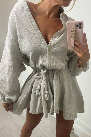 Button O Neck Long Sleeve Shirt Mini Dress