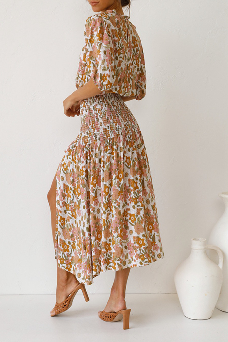 Floral Shirred Waist Slit Midi Dress