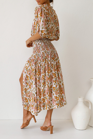 Floral Shirred Waist Slit Midi Dress