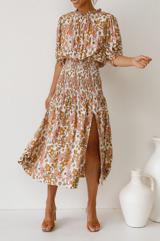 Floral Shirred Waist Slit Midi Dress